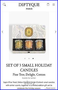 DIPTYQUE Christmas 3 2.4oz Candle Set Sealed (Pine Tree, Delight & Cotton)